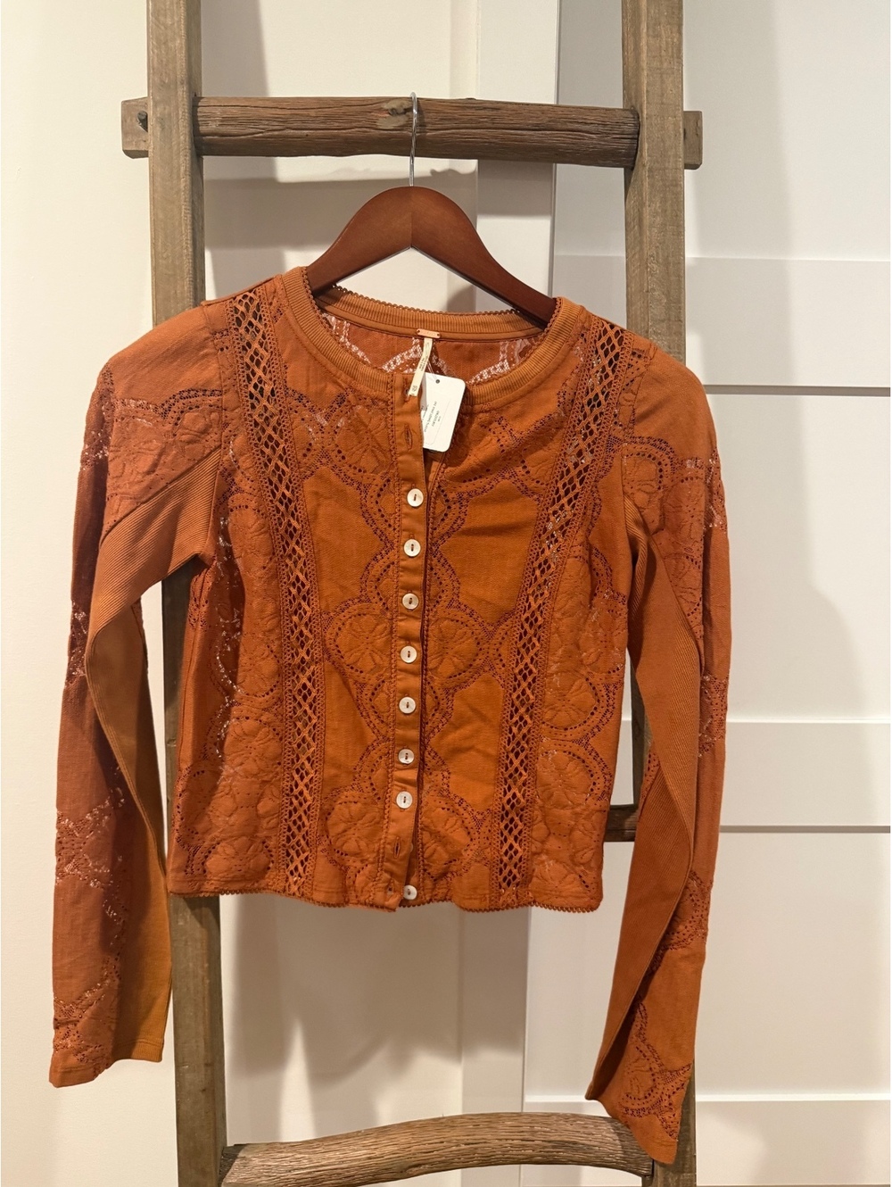 FREE PEOPLE NWT Jae knot long sleeve lace tee in sugar almond